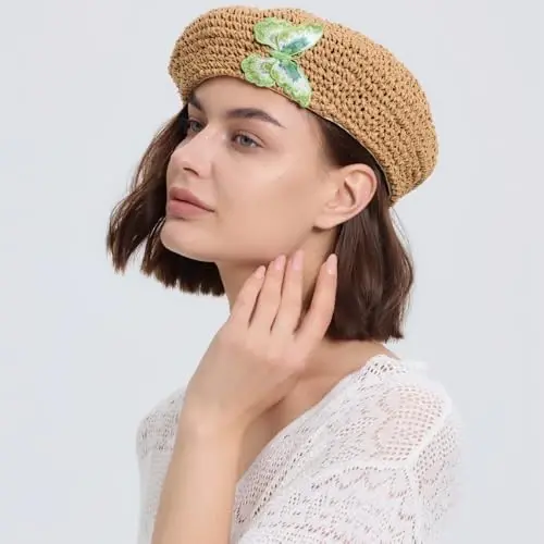 JH JOEJERRY Straw Beret Summer French Beret Hats for Women Artist Crochet Beret - 2