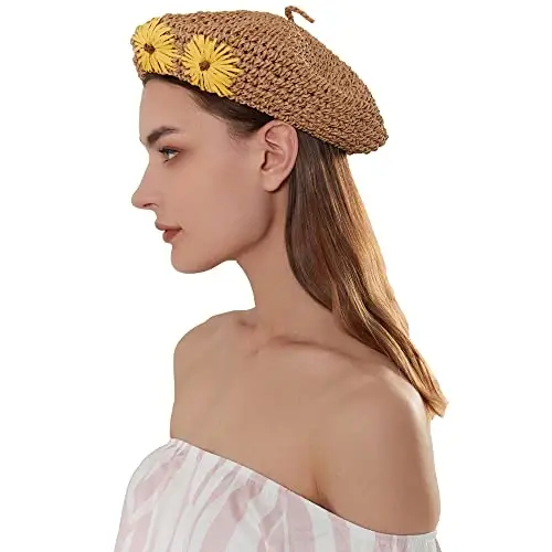 JH JOEJERRY Straw Beret Summer French Beret Hats for Women Artist Crochet Beret - JH JOEJERRY