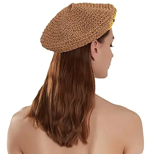 JH JOEJERRY Straw Beret Summer French Beret Hats for Women Artist Crochet Beret - 3