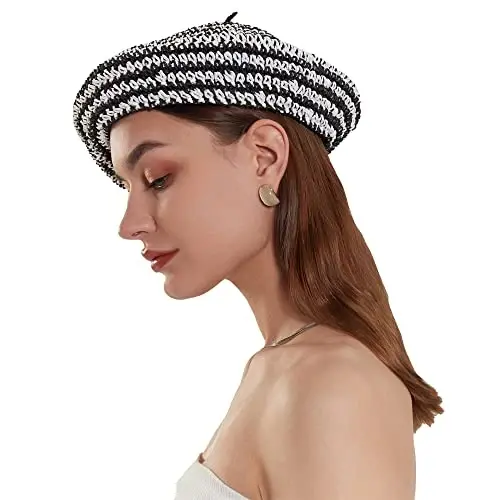 JH JOEJERRY Straw Beret Summer French Beret Hats for Women Artist Crochet Beret - 1