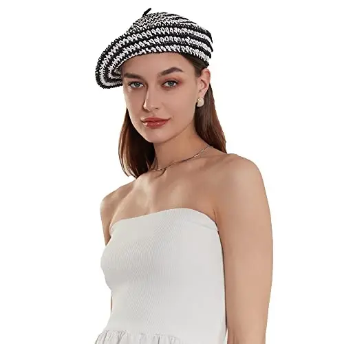 JH JOEJERRY Straw Beret Summer French Beret Hats for Women Artist Crochet Beret - 2