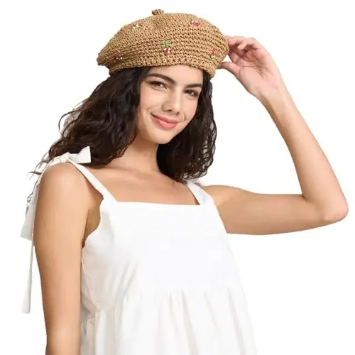 JH JOEJERRY Straw Beret Summer French Beret Hats for Women Artist Crochet Beret - 1
