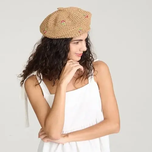 JH JOEJERRY Straw Beret Summer French Beret Hats for Women Artist Crochet Beret - 4