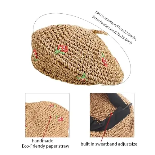 JH JOEJERRY Straw Beret Summer French Beret Hats for Women Artist Crochet Beret - 6