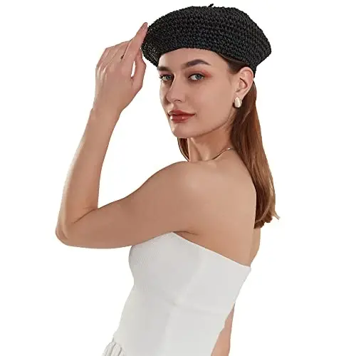 JH JOEJERRY Straw Beret Summer French Beret Hats for Women Artist Crochet Beret - 2