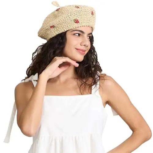 JH JOEJERRY Straw Beret Summer French Beret Hats for Women Artist Crochet Beret 