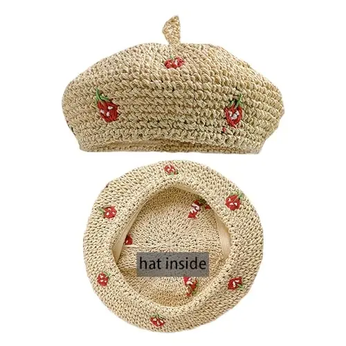 JH JOEJERRY Straw Beret Summer French Beret Hats for Women Artist Crochet Beret - 5