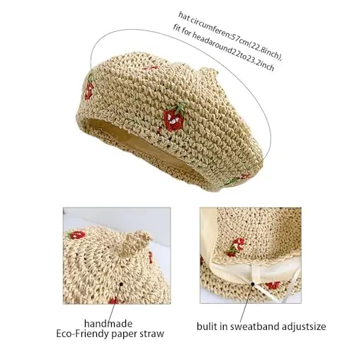 JH JOEJERRY Straw Beret Summer French Beret Hats for Women Artist Crochet Beret - 6