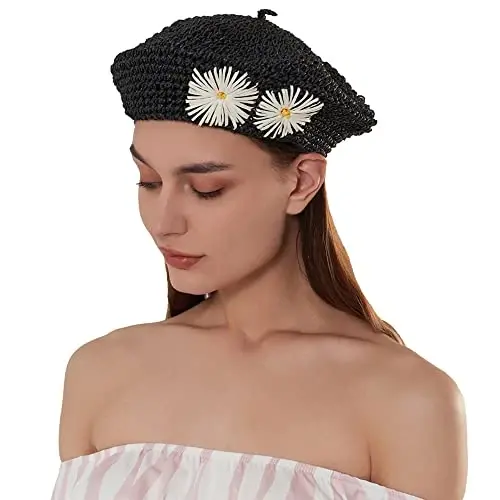 JH JOEJERRY Straw Beret Summer French Beret Hats for Women Artist Crochet Beret - 1