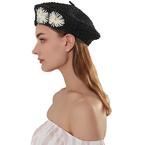JH JOEJERRY Straw Beret Summer French Beret Hats for Women Artist Crochet Beret - 2