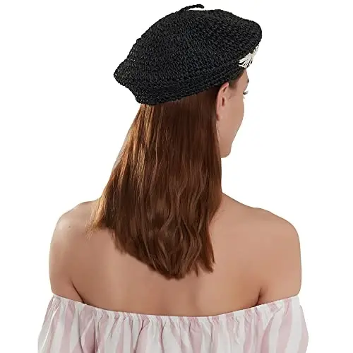 JH JOEJERRY Straw Beret Summer French Beret Hats for Women Artist Crochet Beret - 3