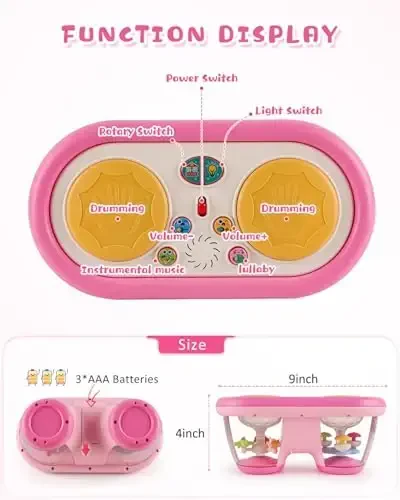 Jhoprcin Baby Toys for 6 to 12 Months: 7 Models Pink Rotating Light Up Drum Musical Instruments for 12-18 Months Kids, Tummy Time Toys for Baby 0-3-6-9 Months, Walker for Boy Girl Gifts - 4