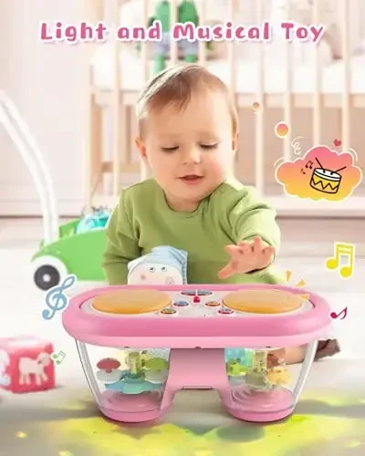 Jhoprcin Baby Toys for 6 to 12 Months: 7 Models Pink Rotating Light Up Drum Musical Instruments for 12-18 Months Kids, Tummy Time Toys for Baby 0-3-6-9 Months, Walker for Boy Girl Gifts - 5