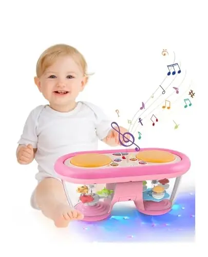 Jhoprcin Baby Toys for 6 to 12 Months: 7 Models Pink Rotating Light Up Drum Musical Instruments for 12-18 Months Kids, Tummy Time Toys for Baby 0-3-6-9 Months, Walker for Boy Girl Gifts - 1