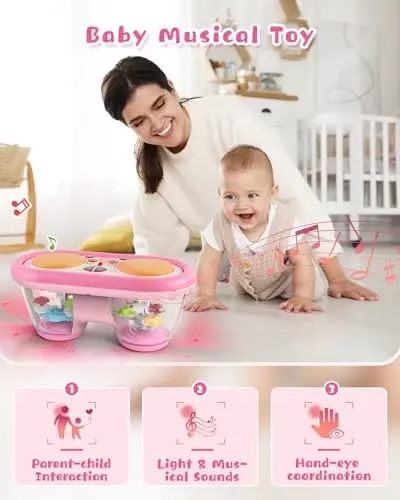 Jhoprcin Baby Toys for 6 to 12 Months: 7 Models Pink Rotating Light Up Drum Musical Instruments for 12-18 Months Kids, Tummy Time Toys for Baby 0-3-6-9 Months, Walker for Boy Girl Gifts - 3
