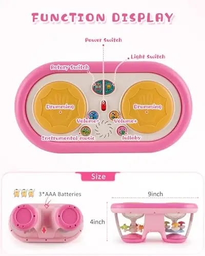 Jhoprcin Baby Toys for 6 to 12 Months: 7 Models Pink Rotating Light Up Drum Musical Instruments for 12-18 Months Kids, Tummy Time Toys for Baby 0-3-6-9 Months, Walker for Boy Girl Gifts - 4