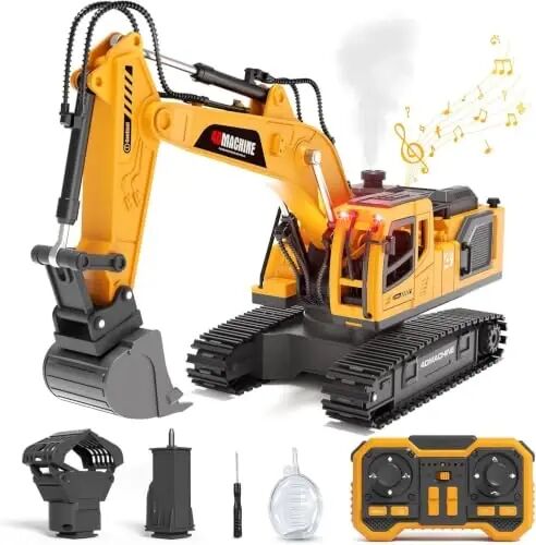 Jiakora 3-in-1 Remote Control Excavator Toy for Boys, 14-CH RC Construction Vehicle with 2 Rechargeable Batteries, Alloy Shovel, Drill & Grapple, Best Gifts for Kids Ages 3-5 4-7 6-8 9 10 12 Years Old - 1