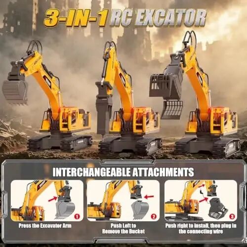 Jiakora 3-in-1 Remote Control Excavator Toy for Boys, 14-CH RC Construction Vehicle with 2 Rechargeable Batteries, Alloy Shovel, Drill & Grapple, Best Gifts for Kids Ages 3-5 4-7 6-8 9 10 12 Years Old - 3