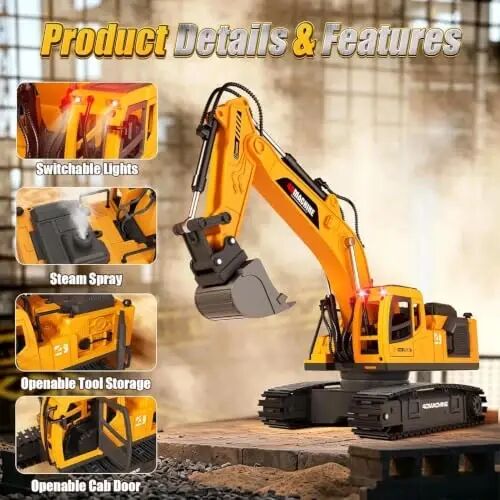 Jiakora 3-in-1 Remote Control Excavator Toy for Boys, 14-CH RC Construction Vehicle with 2 Rechargeable Batteries, Alloy Shovel, Drill & Grapple, Best Gifts for Kids Ages 3-5 4-7 6-8 9 10 12 Years Old - 4