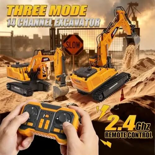 Jiakora 3-in-1 Remote Control Excavator Toy for Boys, 14-CH RC Construction Vehicle with 2 Rechargeable Batteries, Alloy Shovel, Drill & Grapple, Best Gifts for Kids Ages 3-5 4-7 6-8 9 10 12 Years Old - 5