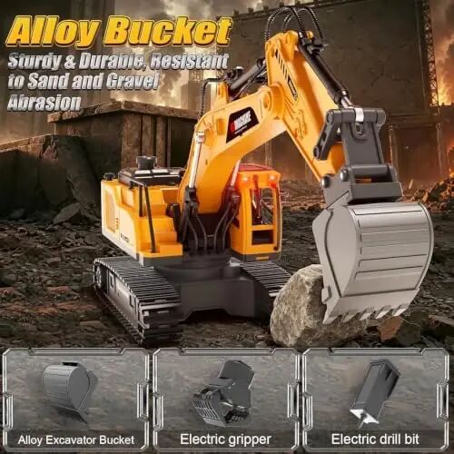 Jiakora 3-in-1 Remote Control Excavator Toy for Boys, 14-CH RC Construction Vehicle with 2 Rechargeable Batteries, Alloy Shovel, Drill & Grapple, Best Gifts for Kids Ages 3-5 4-7 6-8 9 10 12 Years Old - 6