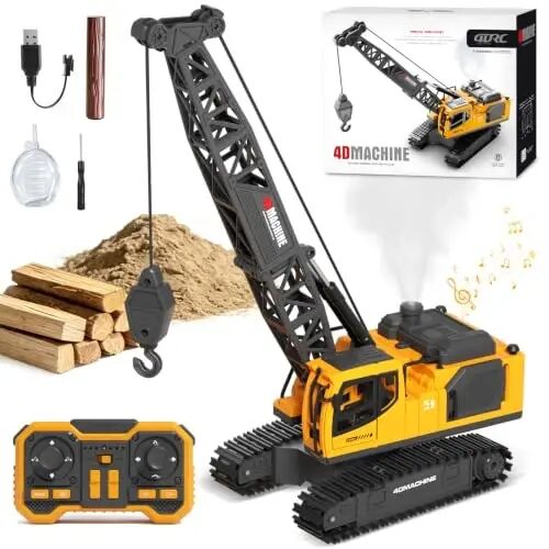Jiakora Remote Control Crane Toy, 2.4GHz 12 Channel 1: 18 RC Construction Crawler Crane with Metal Hook, Lights, Sound & Spray Function, 2 Batteries, Birthday Gift for Kids Boys Girls Ages 3-5 4-7 8-12 - Jiakora
