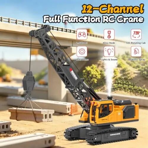 Jiakora Remote Control Crane Toy, 2.4GHz 12 Channel 1: 18 RC Construction Crawler Crane with Metal Hook, Lights, Sound & Spray Function, 2 Batteries, Birthday Gift for Kids Boys Girls Ages 3-5 4-7 8-12 - Jiakora (1)