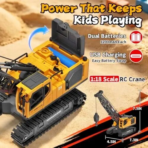 Jiakora Remote Control Crane Toy, 2.4GHz 12 Channel 1: 18 RC Construction Crawler Crane with Metal Hook, Lights, Sound & Spray Function, 2 Batteries, Birthday Gift for Kids Boys Girls Ages 3-5 4-7 8-12 - 3