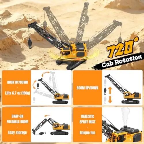 Jiakora Remote Control Crane Toy, 2.4GHz 12 Channel 1: 18 RC Construction Crawler Crane with Metal Hook, Lights, Sound & Spray Function, 2 Batteries, Birthday Gift for Kids Boys Girls Ages 3-5 4-7 8-12 - 5