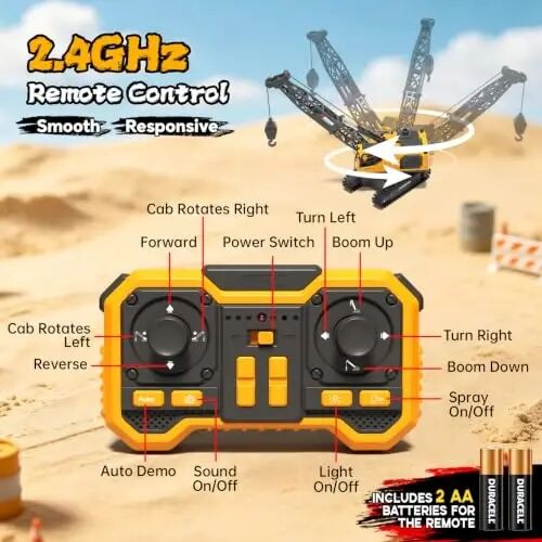 Jiakora Remote Control Crane Toy, 2.4GHz 12 Channel 1: 18 RC Construction Crawler Crane with Metal Hook, Lights, Sound & Spray Function, 2 Batteries, Birthday Gift for Kids Boys Girls Ages 3-5 4-7 8-12 - 6