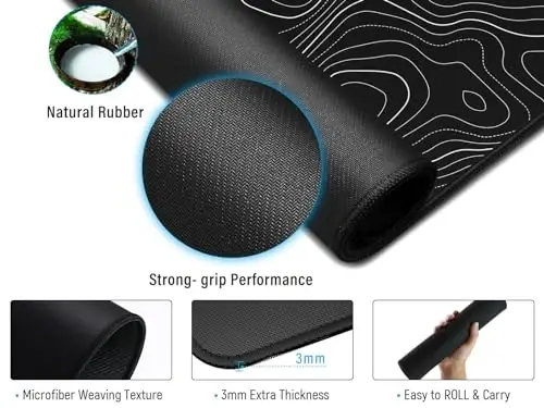 JIALONG Black Topographic Large Gaming Mouse Pad, XXL Mousepad, Big Mouse Mat Desk Pad for Keyboard and Mouse, Gaming Computer Laptop PC Desk Office Accessories - 4