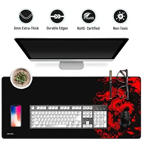 JIALONG Gaming Mouse Pad Large Size 35.4x15.7 inches Extended Desk Mousepad with Personalized Design for Laptop, Computer PC - Red Dragon - 5