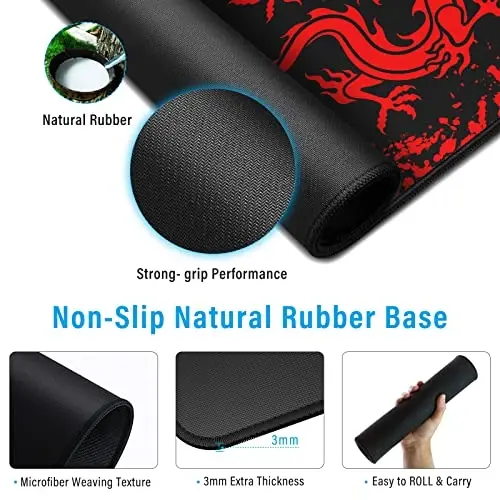 JIALONG Gaming Mouse Pad Large Size 35.4x15.7 inches Extended Desk Mousepad with Personalized Design for Laptop, Computer PC - Red Dragon - 3