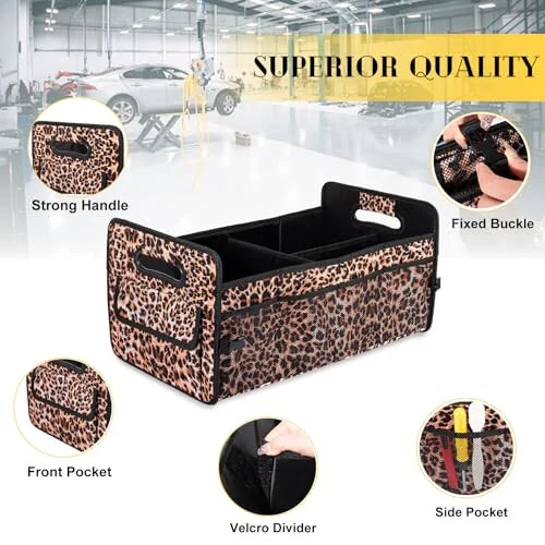 JiatuA Car Trunk Organizer, Car Organizers and Storage Collapsible Multi Compartment Container Box, Adjustable Car Accessories for SUV Sedan Truck, Standard Size, Leopard print - 2