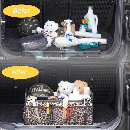 JiatuA Car Trunk Organizer, Car Organizers and Storage Collapsible Multi Compartment Container Box, Adjustable Car Accessories for SUV Sedan Truck, Standard Size, Leopard print - 7