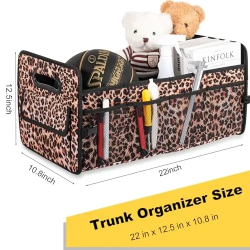 JiatuA Car Trunk Organizer, Car Organizers and Storage Collapsible Multi Compartment Container Box, Adjustable Car Accessories for SUV Sedan Truck, Standard Size, Leopard print - 5