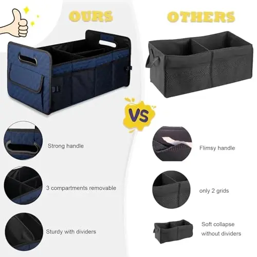 JiatuA Car Trunk Organizer for SUV, Car Storage Organizer Collapsible Multi Compartment Container Box, Adjustable Car Accessories for Women/Men, Dark Blue - 2