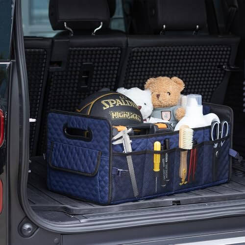 JiatuA Car Trunk Organizer for SUV, Car Storage Organizer Collapsible Multi Compartment Container Box, Adjustable Car Accessories for Women/Men, Dark Blue - 2