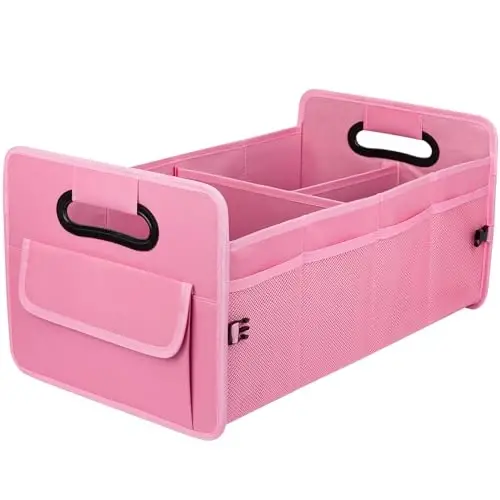 JiatuA Car Trunk Organizer, Collapsible Car Organizers and Storage Pink | Sturdy, Large Capacity, Clean Decor, Multi Compartment Container Box, Adjustable Car Accessories for SUV Sedan Truck 