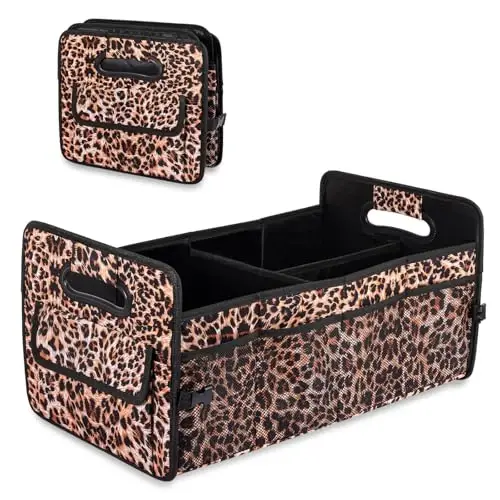 JiatuA Car Trunk Organizers and Storage Collapsible Multi Compartment Container Box, Adjustable Car Accessories for SUV Sedan Truck, Large Size, Leopard Print 