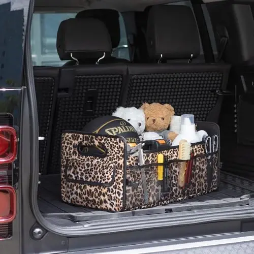 JiatuA Car Trunk Organizers and Storage Collapsible Multi Compartment Container Box, Adjustable Car Accessories for SUV Sedan Truck, Large Size, Leopard Print - 5