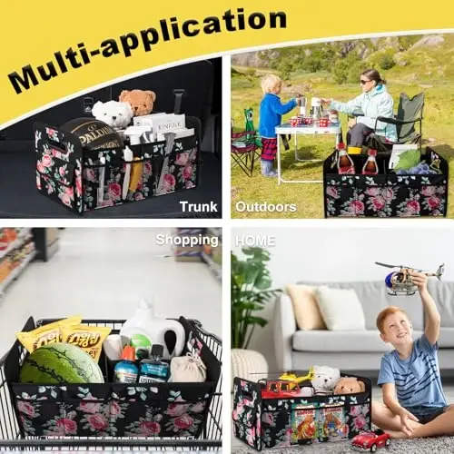 JiatuA Car Trunk Organizers and Storage Collapsible Multi Compartment Container Box, Adjustable Car Accessories for SUV Sedan Truck, Standard Size, Black Floral - 6