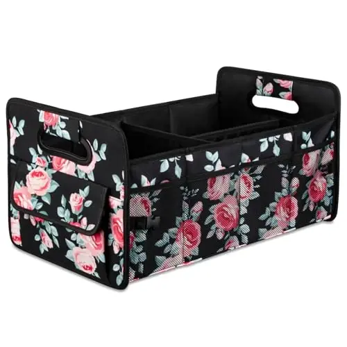 JiatuA Car Trunk Organizers and Storage Collapsible Multi Compartment Container Box, Adjustable Car Accessories for SUV Sedan Truck, Standard Size, Black Floral - JIATUA