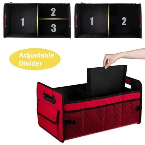 JiatuA Car Trunk Organizers and Storage for SUV, Collapsible Multi Compartment Container Box Adjustable Car Accessories for Women Men, Red - 4