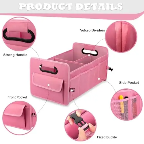 JiatuA Car Trunk Organizer, Car Organizers and Storage Collapsible Multi Compartment Container Box, Adjustable Car Accessories for SUV Sedan Truck, Large Size, Pink - 7