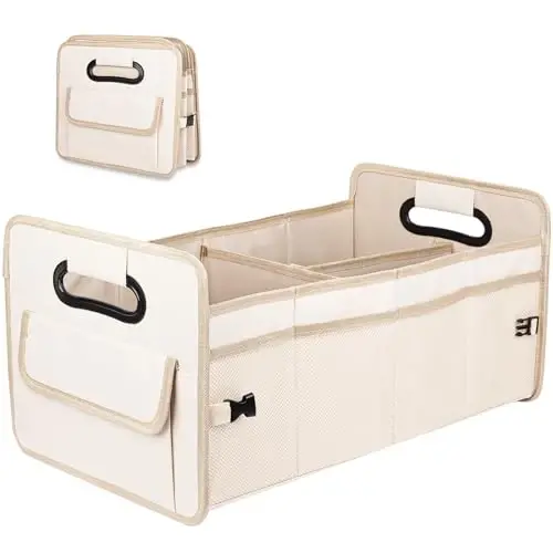 JiatuA Car Trunk Organizer, Car Organizers and Storage Collapsible Multi Compartment Container Box, Adjustable Car Accessories for SUV Sedan Truck, Large Size, Beige 