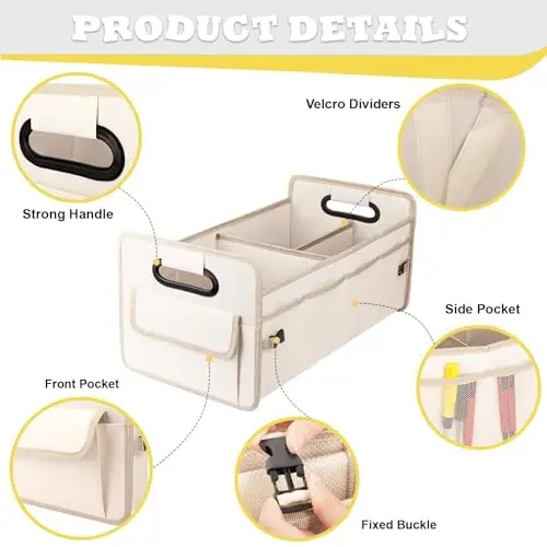 JiatuA Car Trunk Organizer, Car Organizers and Storage Collapsible Multi Compartment Container Box, Adjustable Car Accessories for SUV Sedan Truck, Large Size, Beige - JIATUA (1)