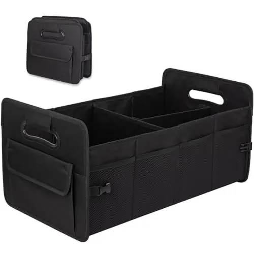 JiatuA Car Trunk Organizer, Car Organizers and Storage Collapsible Multi Compartment Container Box, Adjustable Car Accessories for SUV Sedan Truck, Large Size, Black 