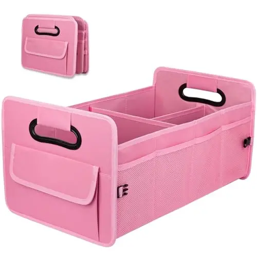 JiatuA Car Trunk Organizer, Car Organizers and Storage Collapsible Multi Compartment Container Box, Adjustable Car Accessories for SUV Sedan Truck, Large Size, Pink - 1