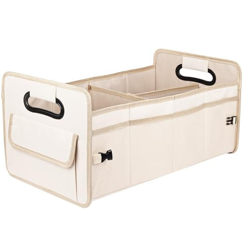 JiatuA Car Trunk Organizer, Car Organizers and Storage Collapsible Multi Compartment Container Box, Adjustable Car Accessories for SUV Sedan Truck, Standard Size, Beige - 1